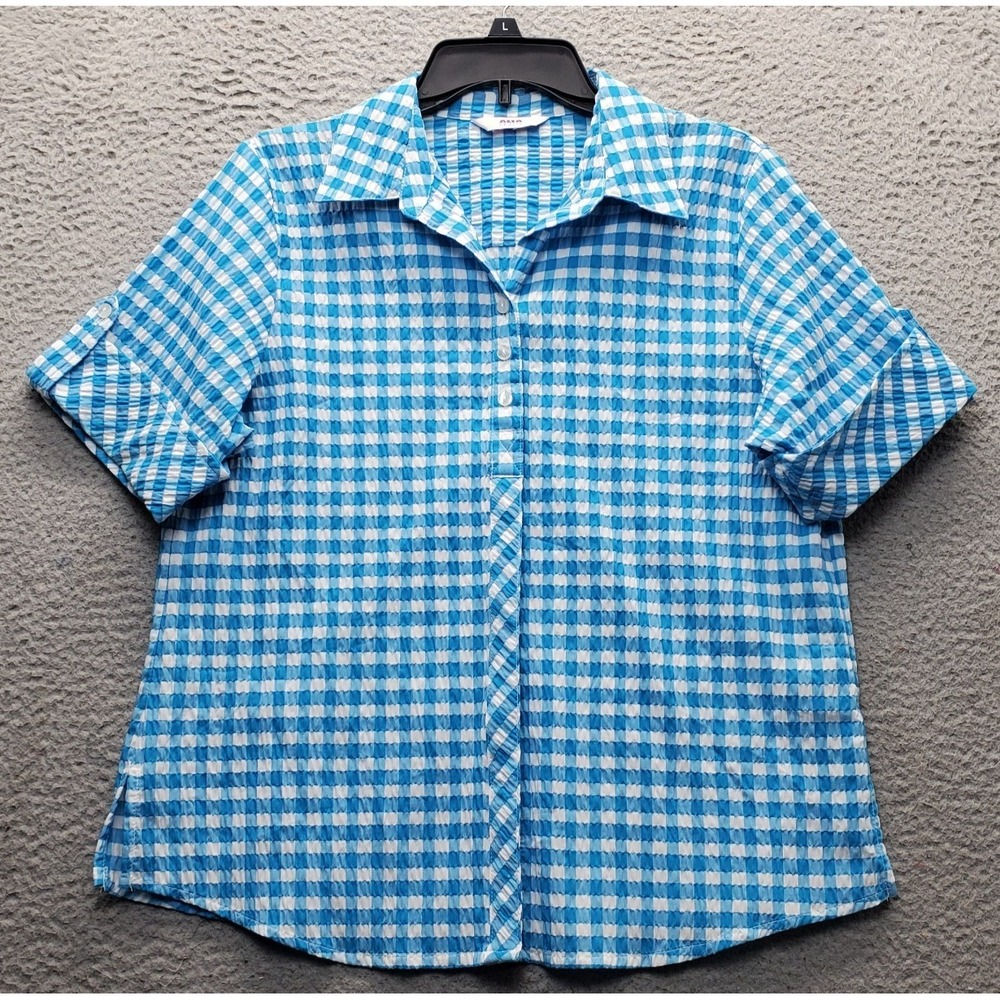 Alia Shirt Women Petite M Multi Check Roll Tab Sleeve Side Slit Inside Button Up
